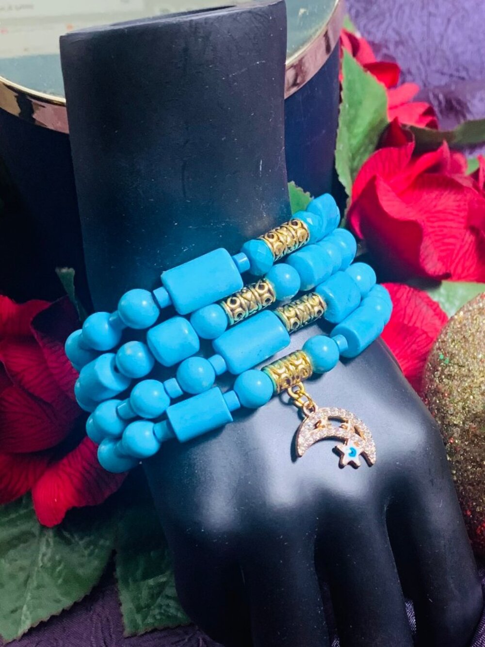 One-Of-A-Kind Evil Eye Charm, Wagnerite & Pewter Bead Stretch Bracelet Set